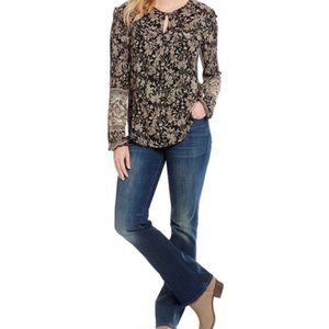 Lucky Brand L/Large Floral Black Brown Stretch Long Sleeve Ruffle Women’s Top